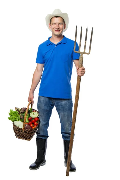 Agricultor com garfos colhidos legumes frescos — Fotografia de Stock