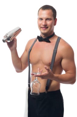 Bir shaker ve gülümsüyor kokteyller barmen karışımları