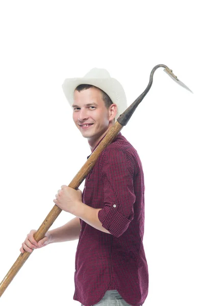 Beautiful farmer goes ahead with the tool of the earth — Stock Photo, Image