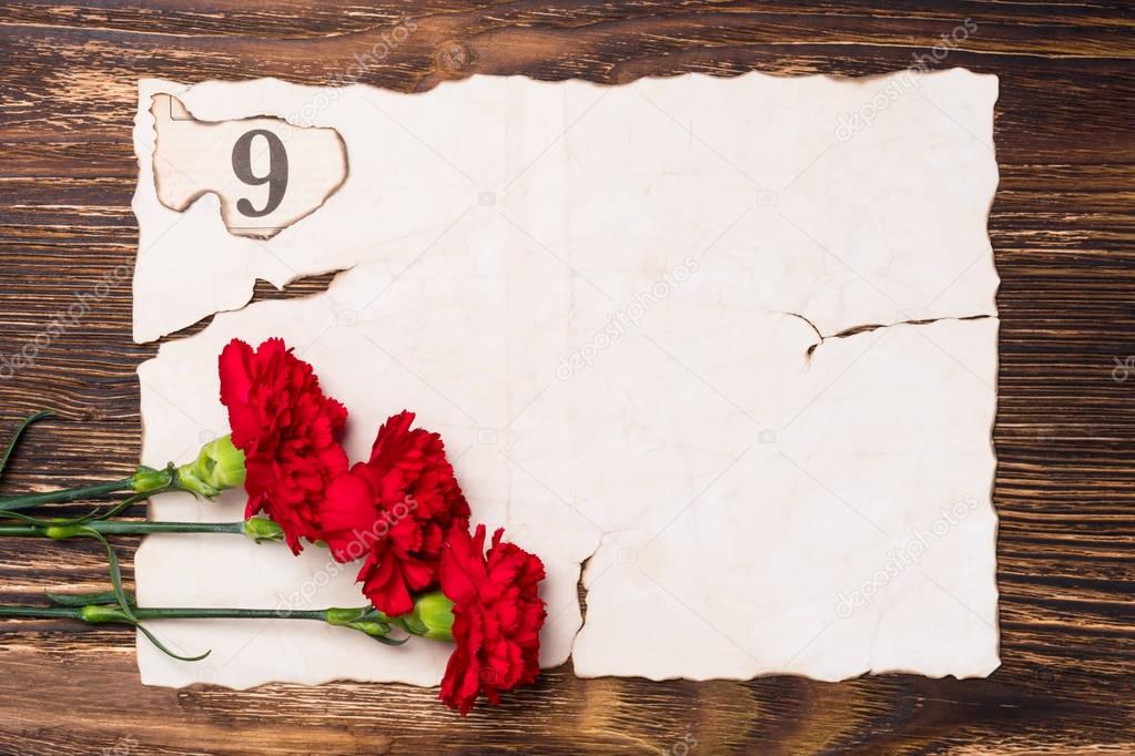 three red carnations on the sheet of old paper concept
