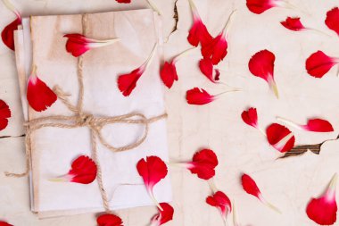 Eski kağıt zarflara çiçek yaprakları ile kaplıdır