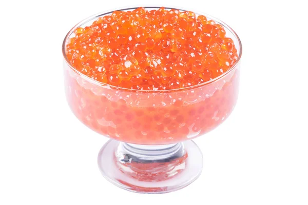 Sabroso caviar rojo en un recipiente de vidrio sobre un fondo blanco —  Fotos de Stock