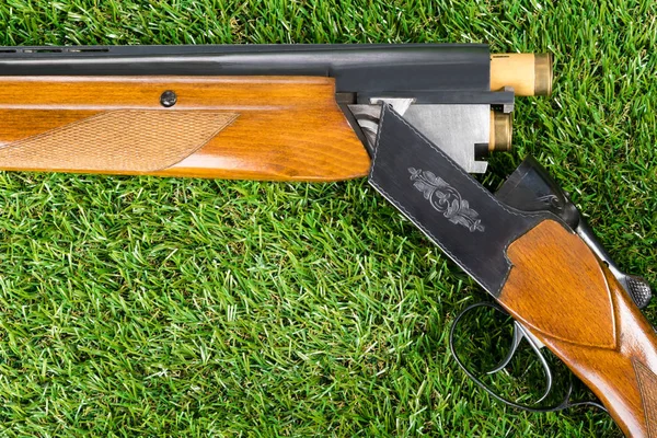 hunting gun with a cartridge in the trunk lies on the green grass