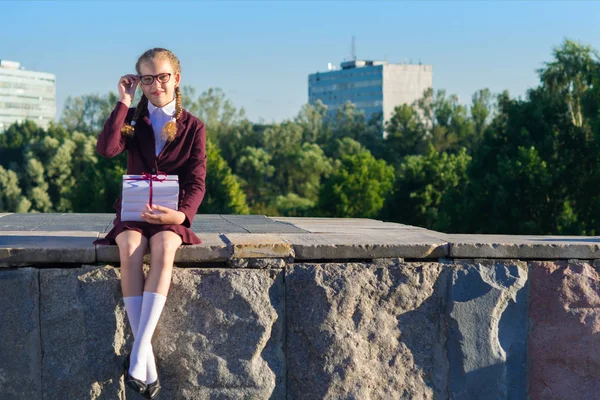 Girl from school sits with textbooks, place for inscription — Stock Photo, Image