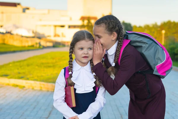 Vedoucí školačka mluví mladší junior studentem tajemství v parku na ulici — Stock fotografie