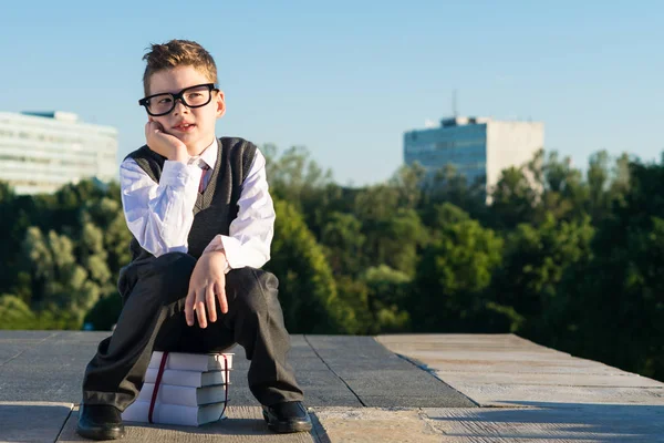 El chico de la escuela en gafas se sienta en libros de texto —  Fotos de Stock