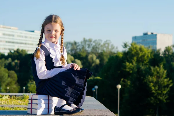 Girl in a school dress, sits on a pile of textbooks outdoors — Stock Photo, Image