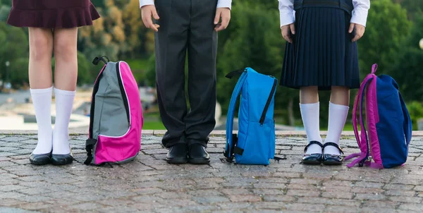 Skolbarn med ryggsäckar stå i parken redo att gå till skolan, lång foto — Stockfoto