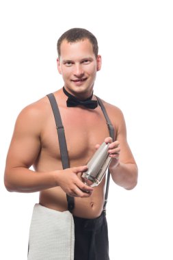 kaslı adam, kokteyl, iş gömleği olmadan garson beyaz arka plan üzerinde izole