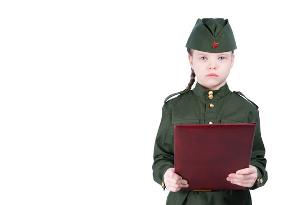 Chica Uniforme Mirar Hacia Adelante Sobre Fondo Blanco Leyendo Juramento —  Fotos de Stock