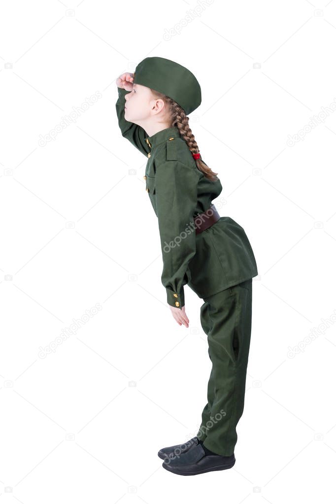 girl in uniform look forward, on white background