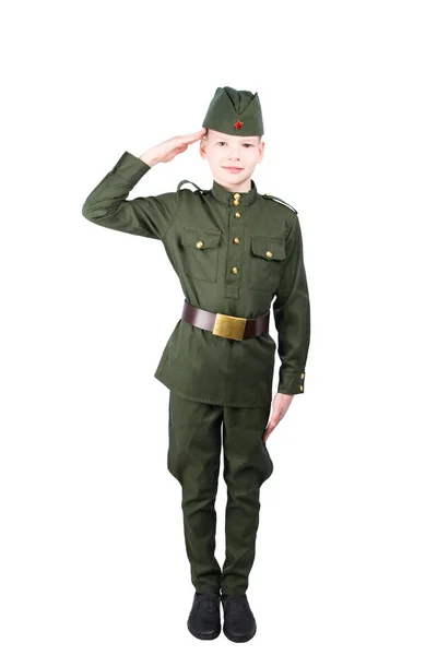 Dítě Chlapec Vojenské Uniformě Dává Vojenský Pozdrav Bílém Pozadí — Stock fotografie