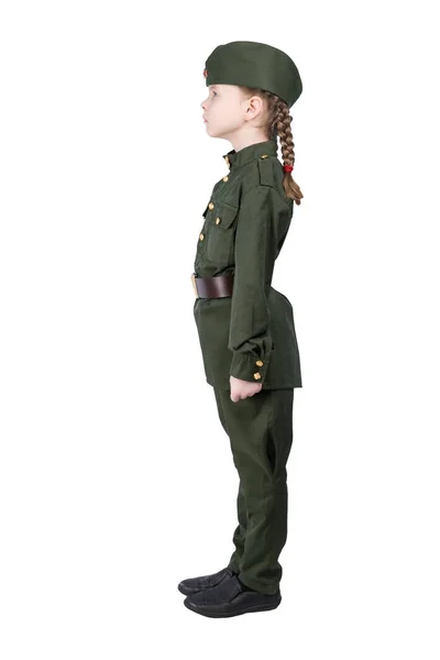 Dívka Vojenské Uniformě Stojí Rovné Boční Pohled Izolované Bílém — Stock fotografie