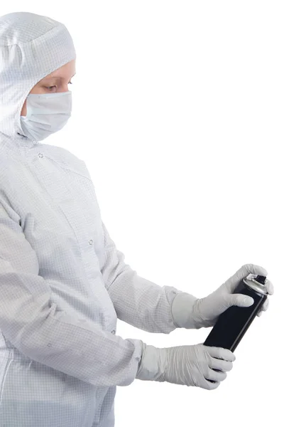 Forskare Vit Mask Och Skyddskläder Håller Sin Hand Svart Spray — Stockfoto