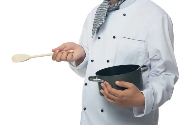 Cuocere Tiene Mano Una Padella Cucchiaio Legno — Foto Stock
