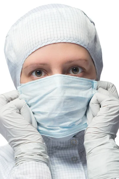 Vrouw Wit Werken Uniform Masker Handschoenen Wit — Stockfoto