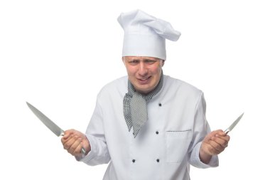 memnun aşçı, tutar 2 bıçak onun ellerinde