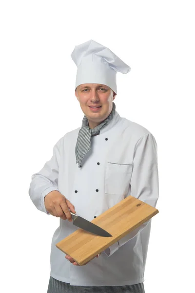 Chef Sorridente Con Mano Coltello Tagliere — Foto Stock