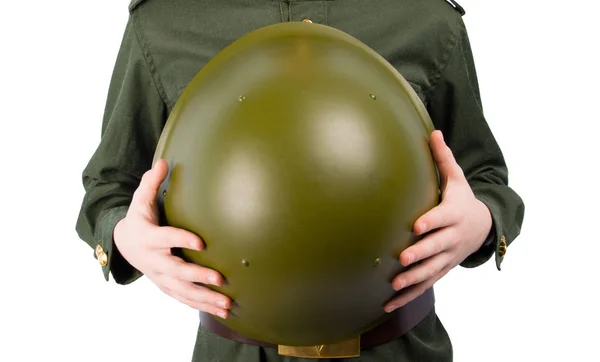 Dítě Vojenské Uniformě Drží Helmu Místem Pro Psaní Bílém Pozadí — Stock fotografie