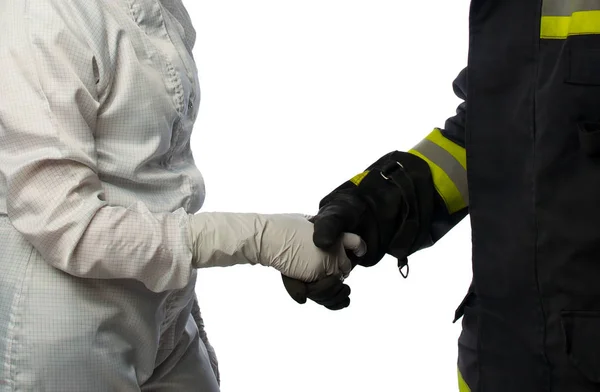 Poignée Main Scientifique Costume Protection Blanc Pompier Sur Blanc — Photo