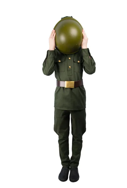 Dítě Vojenské Uniformě Zakryl Tvář Přilbou Bílém Pozadí — Stock fotografie