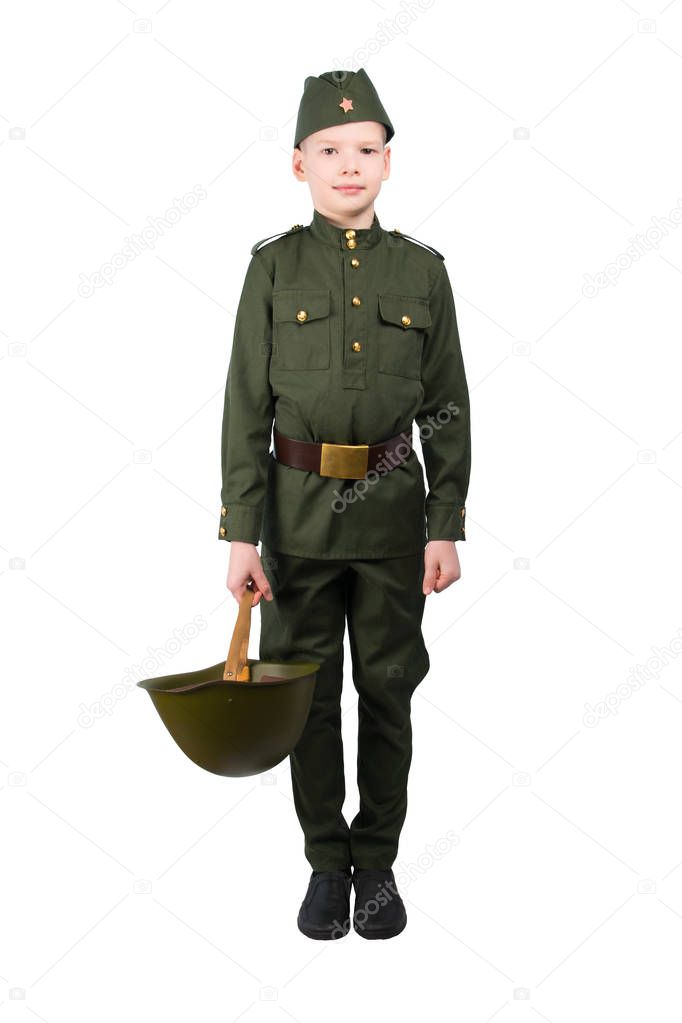 child in military uniform, holding a hard hat in his hand, on a white background