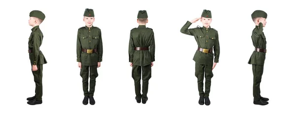 Katonai Egyenruha Jelentő Többször Különböző Oldalán Fiú Elkülöníteni Fehér — Stock Fotó