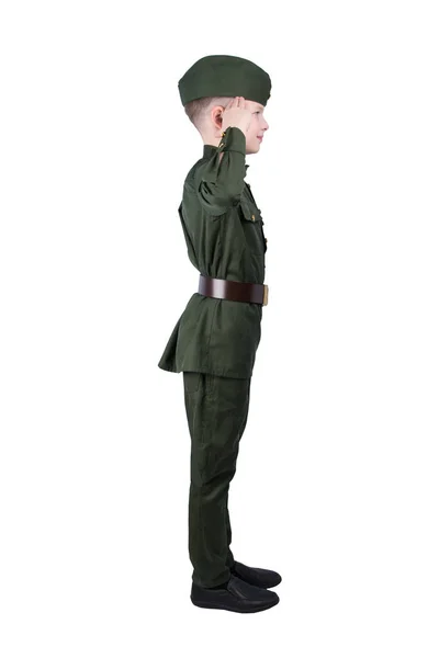 Hochu Stojí Bokem Vojenské Uniformě Pozdraví Ruku Hlavu Izolované Bílém — Stock fotografie