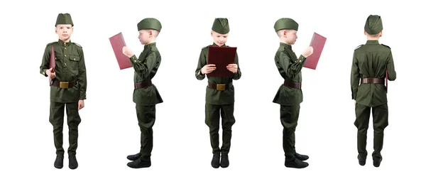 Boy Military Uniform Holds Folder Positions Row Isolate White — Stock Photo, Image