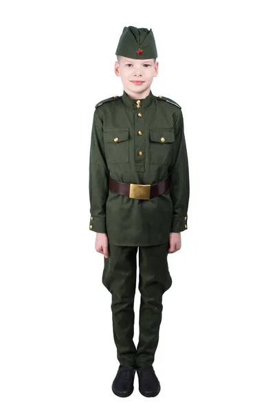 Chlapec Uniformě Stojí Izolované Bílém — Stock fotografie