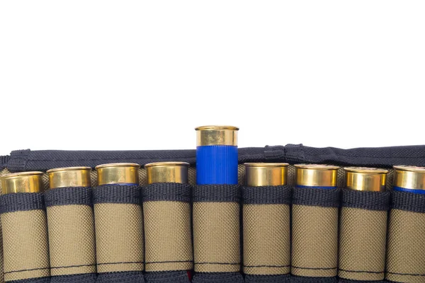 白い背景の上の青い弾薬カートリッジ ベルト — ストック写真