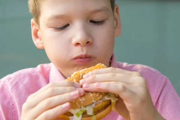 Junge Roten Hemd Isst Ein Fast Food Sandwich Porträt Nahaufnahme — Stockfoto