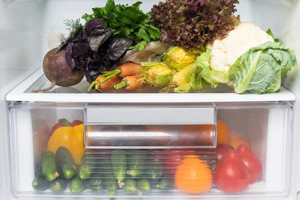 Offenen Kühlschrank Viel Gemüse Für Eine Vegetarische Ernährung — Stockfoto
