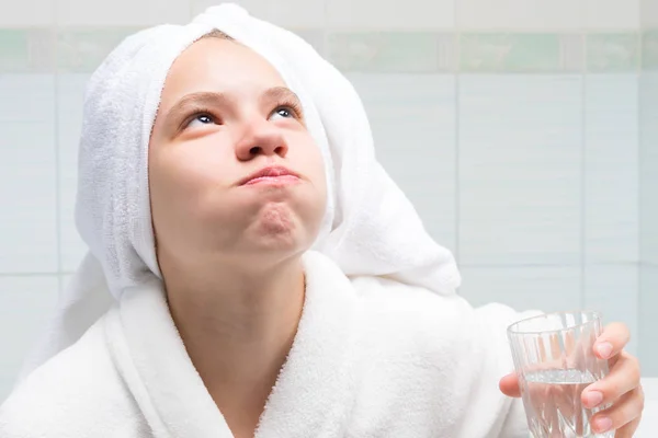 Baby Girl White Robe Towel Her Head Bathroom Holding Glass — Stock Photo, Image