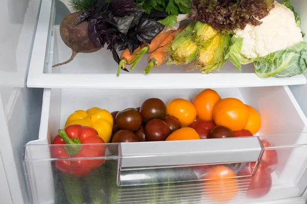 Хранение Овощей Холодильнике Вид Сверху Крупный План — стоковое фото