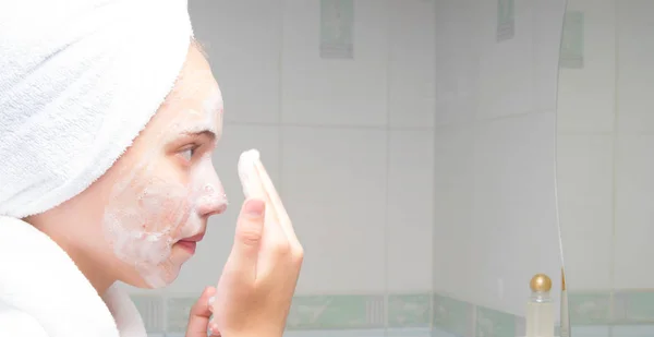 Girl Towel Her Head White Coat Washes Foam Her Face — 스톡 사진