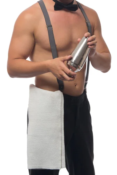 Close Male Waiter Holding Cocktail Shaker White Background — 스톡 사진