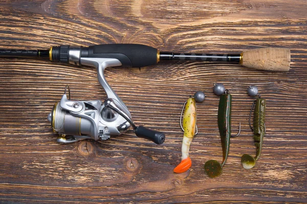 Set Baits Hooks Spinning Fishing Dark Wooden Background — 스톡 사진