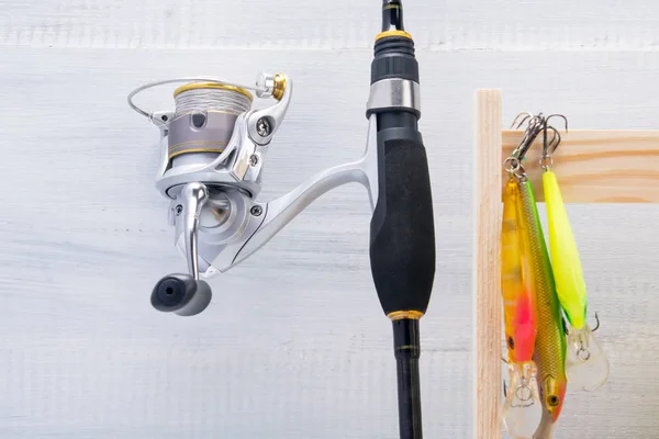 Conjunto Itens Para Pesca Isca Com Gancho Bobina Com Linha — Fotografia de Stock