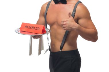 Beyaz bir arka planda, barmenin çıplak gövdesi. Elinde ayırtılmış bir tabela olan bir tepsi var ve sınıfı gösteriyor.