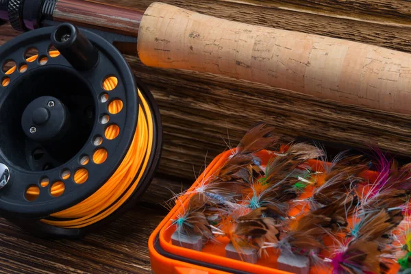 Composition Wooden Background Fishing Rod Reel Set Bait Fishing Close — Stock Photo, Image