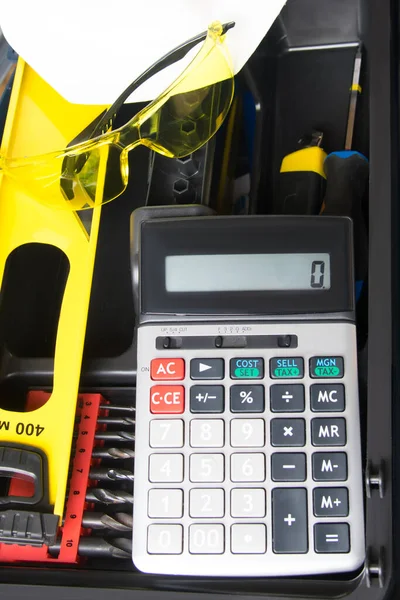 Contexto Dos Itens Necessários Para Reparos Nível Brocas Óculos Calculadora — Fotografia de Stock