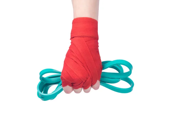 Hand Rood Beschermend Verband Houdt Een Elastische Band Voor Training — Stockfoto