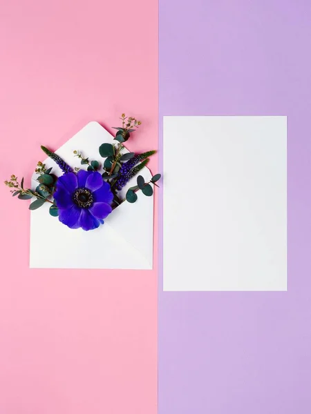 Zarf ve beyaz sayfa pembe ve mor zemin üzerine mavi çiçek.