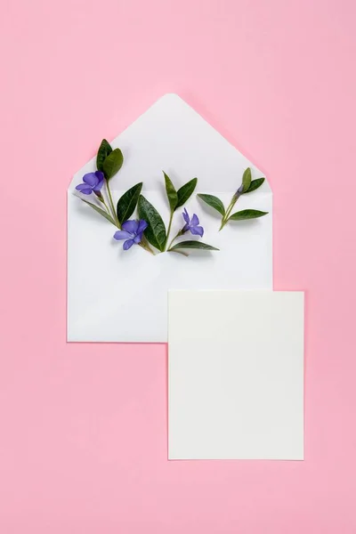 Барвисті літні квіти в конверті і білий аркуш на рожевому фоні . — стокове фото