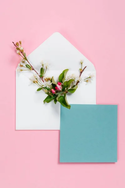 Барвисті літні квіти в конверті і бірюзовий лист на рожевому фоні . — стокове фото