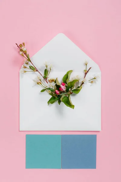 Zarf ve turkuaz çarşaflarla pembe bir arka plan üzerinde renkli yaz çiçek.