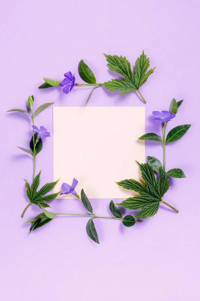 Kare çiçek çerçeve Menekşe arka plan üzerinde pembe levha ile.