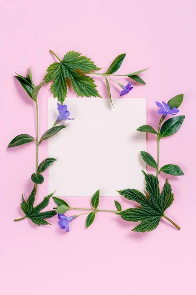 Pembe bir arka plan üzerinde beyaz levha ile kare çiçek çerçeve.
