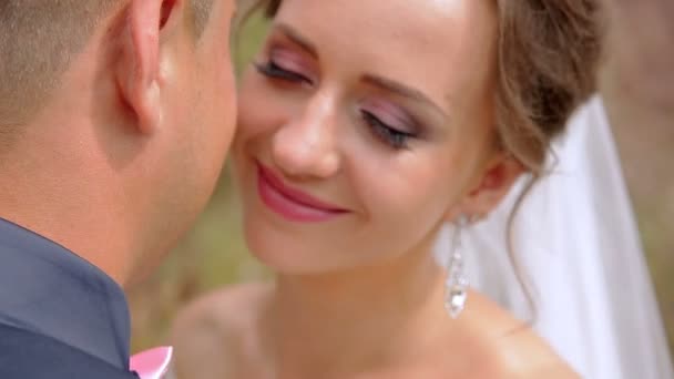 Les jeunes mariés sur la nature se serrent dans leurs bras. Belle fille modèle en robe blanche. Un homme en costume. Mariée beauté avec marié — Video